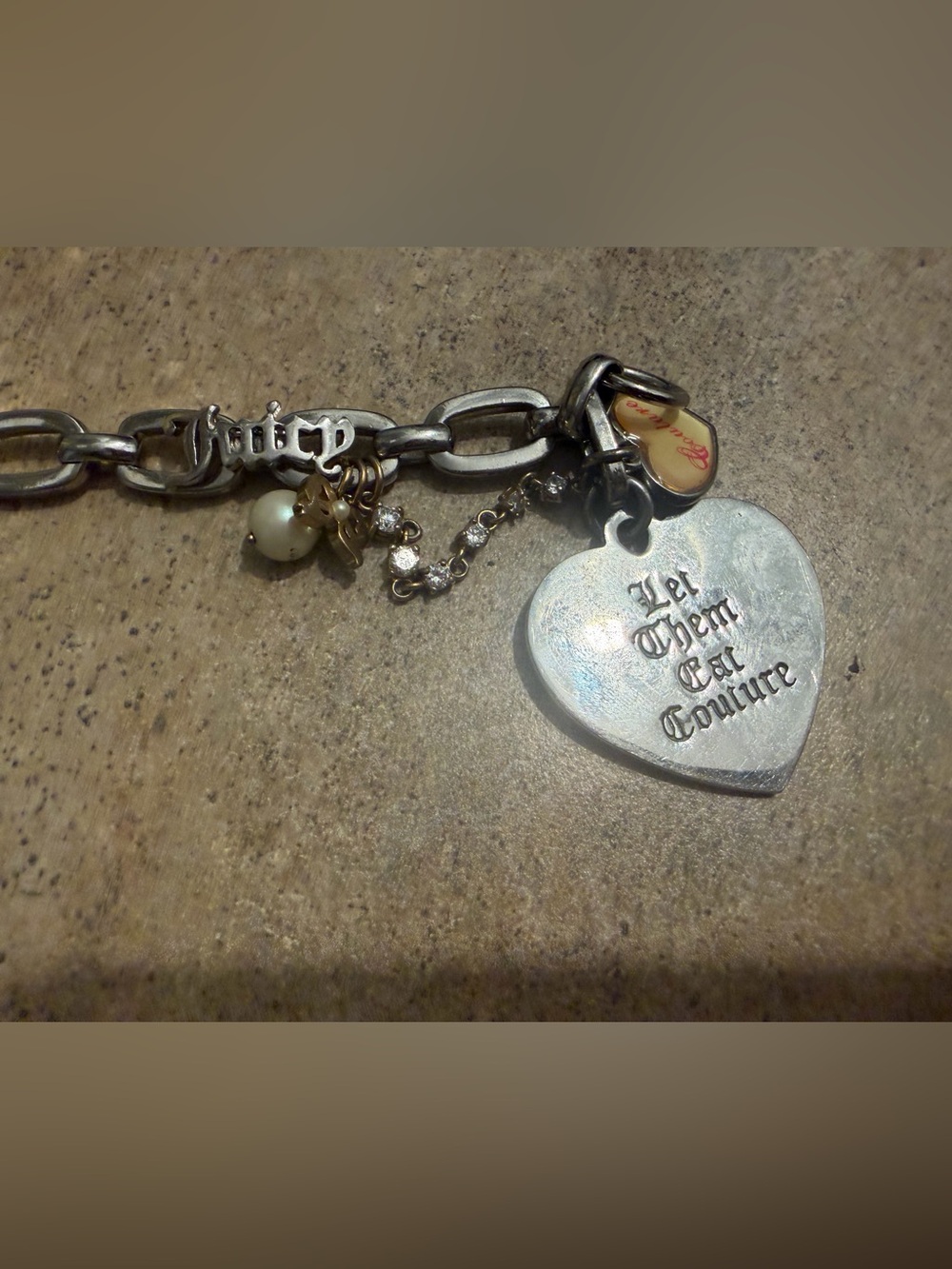 Betsey Johnson Silver-Tone Heart Charm Bracelet with Pearl & Enamel Tag